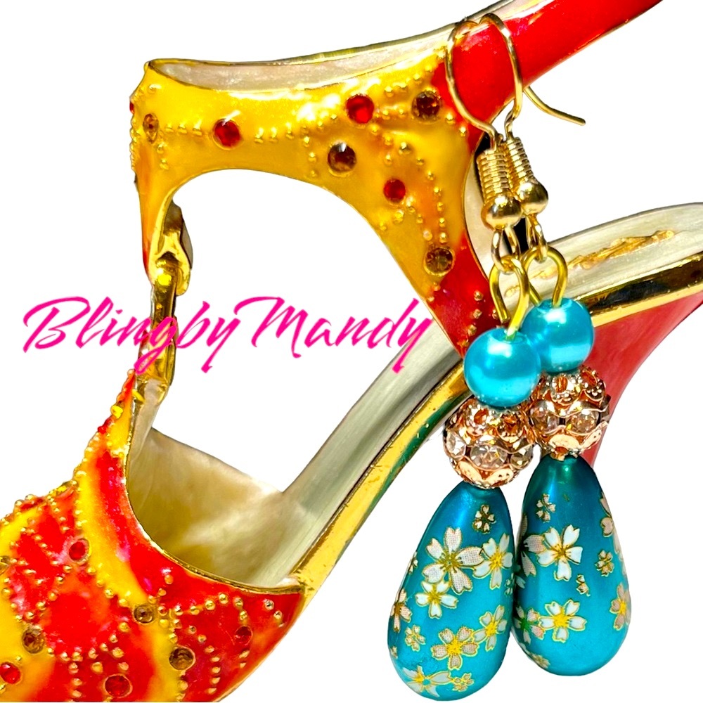 Asian feel bright blue and rose gold accent earrings